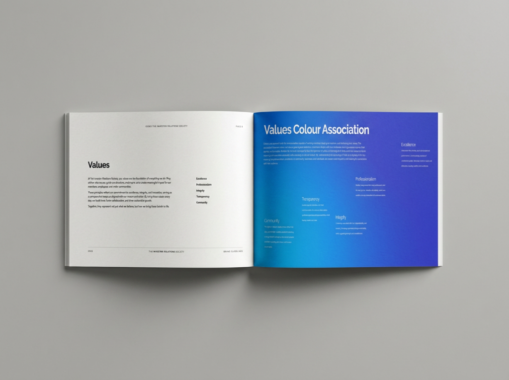 The Investor Relations Society brand values brochure spread